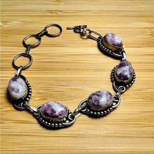 Vintage 925 Sterling Silver Semiprecious Lepidolite Cabochon Stone Link Bracelet